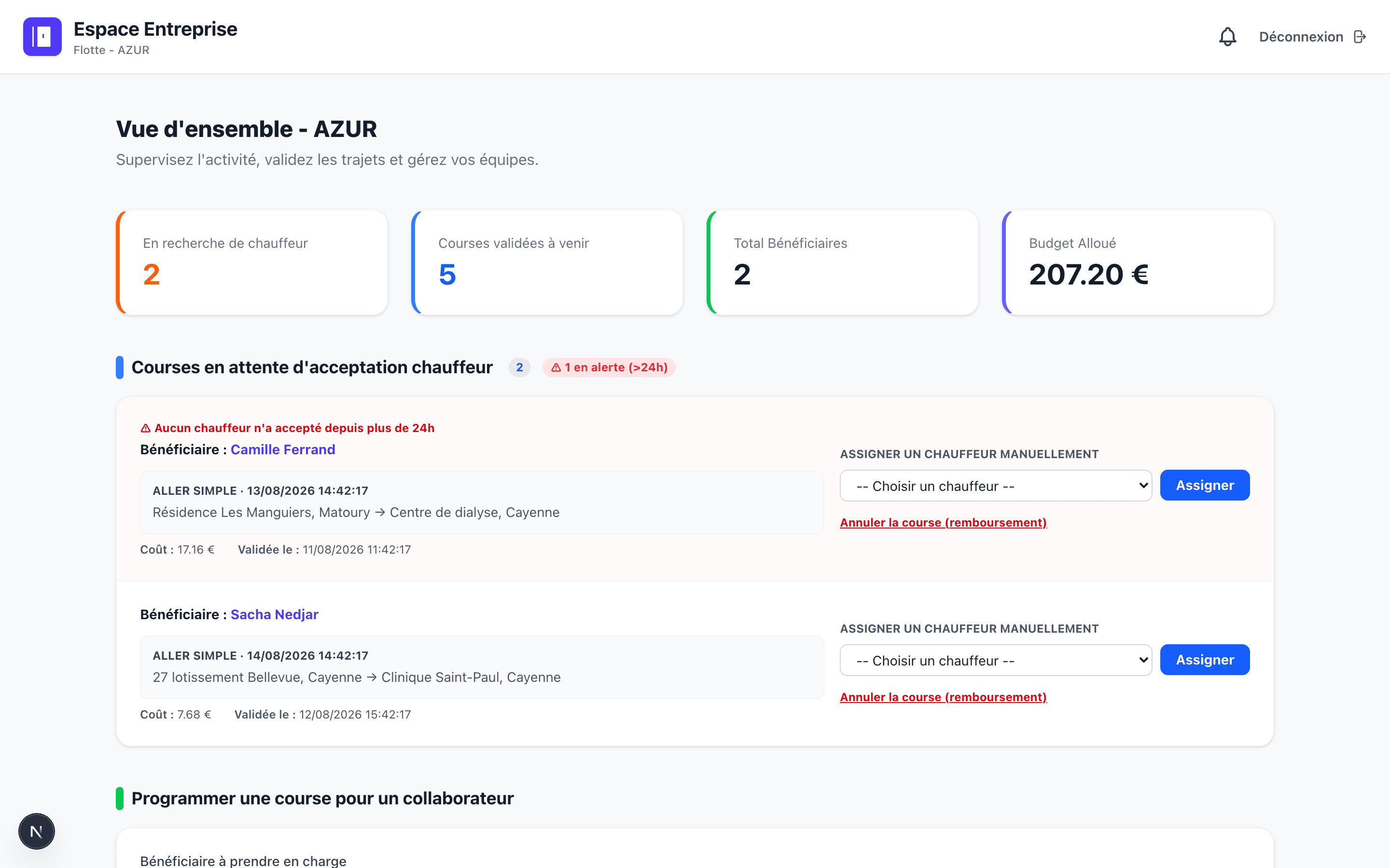 Espace entreprise : courses en attente d'acceptation, avec l'alerte déclenchée au-delà de vingt-quatre heures sans chauffeur et l'assignation manuelle de secours. Cloisonné par société.
