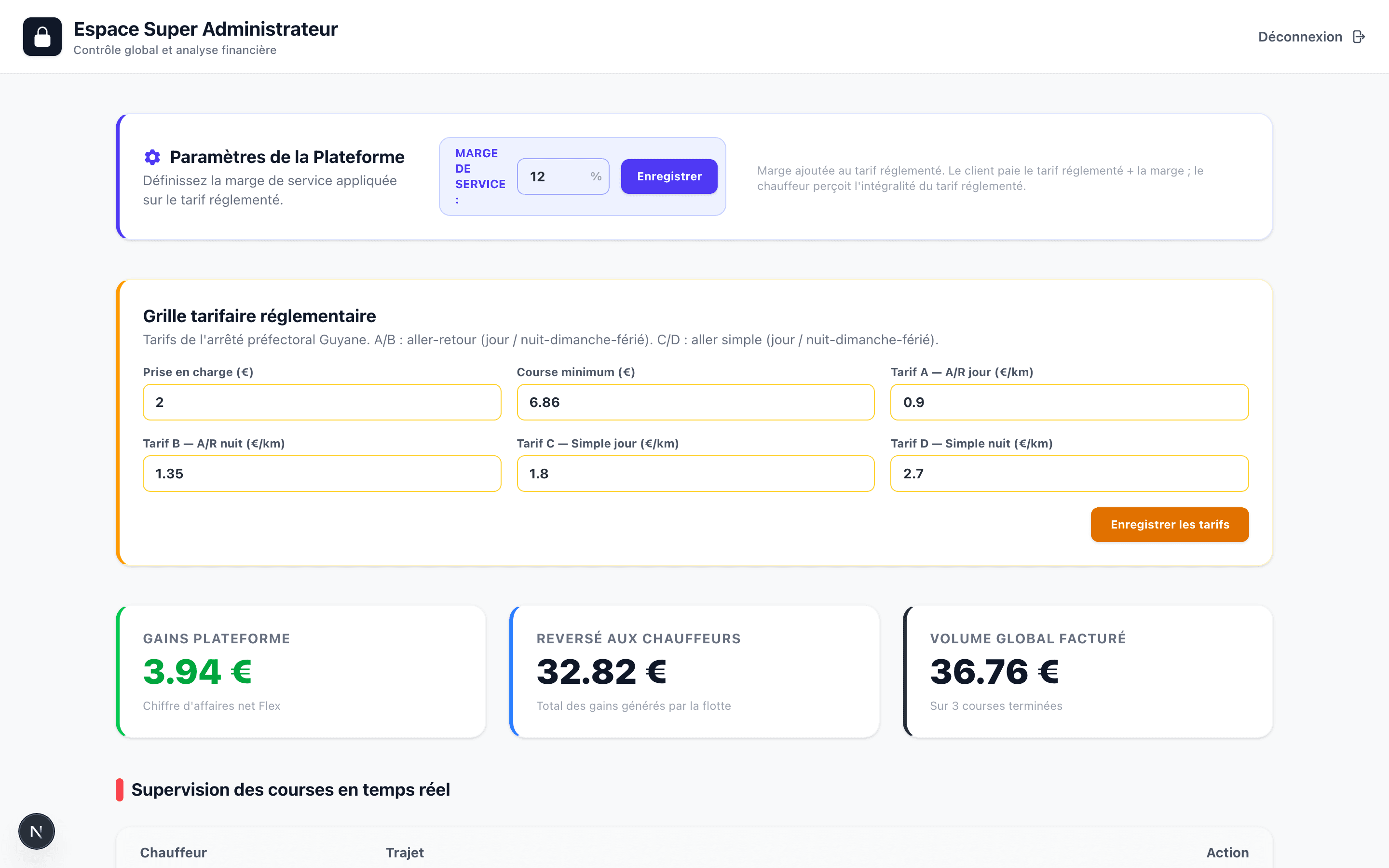 Back-office administrateur : grille tarifaire réglementaire et marge de service, avec la ventilation entre part chauffeur et revenu de la plateforme.